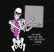 a skeleton wearing glasses and a pink tie holds a sign that says " and here you can see all the fucks