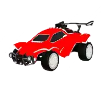 a red rocket league car with white wheels and tires