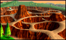 a computer generated image of a desert landscape with trees and mountains