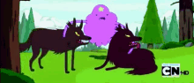 a cartoon of two wolves standing next to each other in a field with a purple cloud in the background .