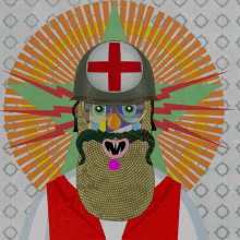 a man with a beard and a helmet with a cross on it