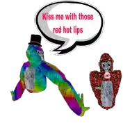 a speech bubble says kiss me with those red hot lips above two stuffed gorillas