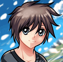 a drawing of a boy with a blue sky and white clouds in the background