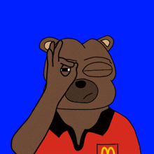 a cartoon bear wearing a mcdonald 's shirt