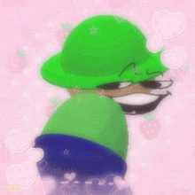 a drawing of a person wearing a green hat on a pink background with hearts and stars