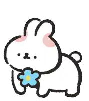 a cartoon rabbit with a blue flower in its mouth .