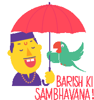 a cartoon of a man holding an umbrella and a parrot with the words barish ki sambhavana