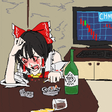 a pixel art drawing of a girl sitting at a table with a bottle of beer