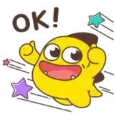 a yellow cartoon character is giving a thumbs up and the word ok is above him .