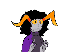 a cartoon drawing of a troll with a purple shirt and orange horns