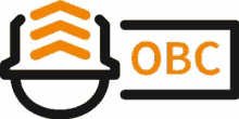 a black and orange logo for obc with arrows