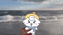 a cartoon drawing of a dog wearing a hat and scarf on the beach