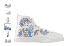 a white high top shoe with a picture of a cartoon character on it