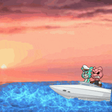 two teddy bears are in a boat in the ocean at sunset