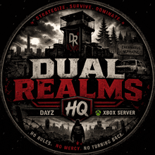 a poster for dual realms hq with a xbox server logo