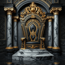 a black and gold throne in a dark room