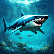 a painting of a great white shark swimming in the ocean with other sharks