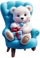 a white teddy bear is sitting in a blue chair holding a blue gift box