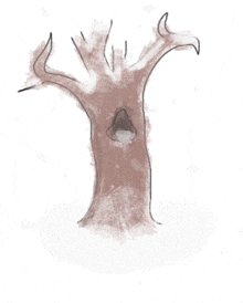 a drawing of a tree with a hole in the trunk