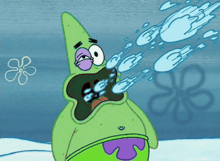 patrick star from spongebob has his mouth open and bubbles are coming out of his mouth