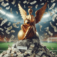 a statue of an angel holding a soccer ball sits on top of a pile of money with a sign that says museum boja