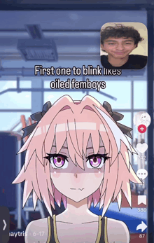 a picture of a girl with purple eyes and the words first one to blink likes oiled femboys