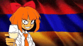 a cartoon girl with orange hair is holding a glass of wine in front of an armenian flag .