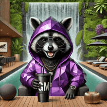 a raccoon in a purple jacket is holding a cup that says gm on it