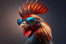 a colorful rooster wearing sunglasses and a crown of feathers