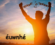 a silhouette of a man breaking chains with the word euwnhe written below him