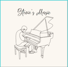 a line drawing of a man playing a piano with the words stevie 's music below it