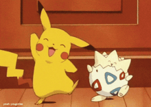 a pikachu and a togepi are dancing in a room