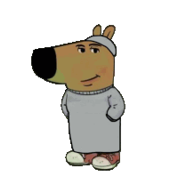 a cartoon bear wearing a gray sweater and a hat