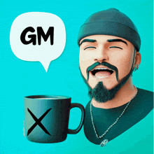 a man with a beard is holding a black mug with a cross on it