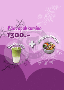 a purple advertisement for a matcha latte and a salad