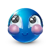 a blue smiley face with big eyes and a pink bubble on its cheeks