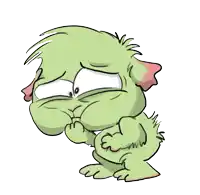 a green cartoon character with a sad look on its face