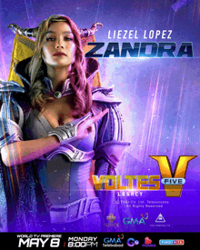 a movie poster for voltes five legacy shows a woman in a costume