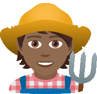 a man wearing overalls and a straw hat holds a fork