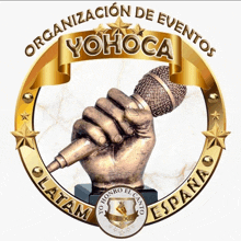 a logo with a hand holding a microphone and the words yohoca espana