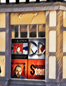 a painting of a building with a window that says success grid on it