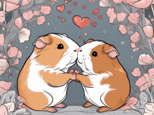 two guinea pigs kissing in front of flowers with hearts