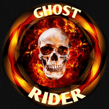 a ghost rider logo with a flaming skull in the center