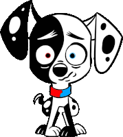 a black and white cartoon dalmatian dog with red eyes