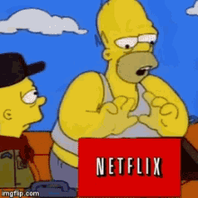 a cartoon of homer simpson and bart simpson holding a sign for netflix