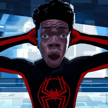 a drawing of a man in a spider man suit with a surprised look on his face