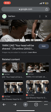 a screenshot of a website called getyarn with a man getting his head shaved