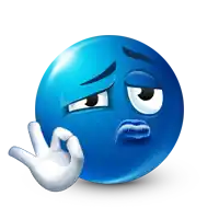 a blue smiley face making a stop sign with its hand