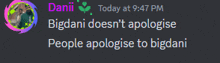 a screenshot of a conversation between danii and bigdani