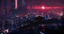 an artist 's impression of a futuristic city with a red moon in the background